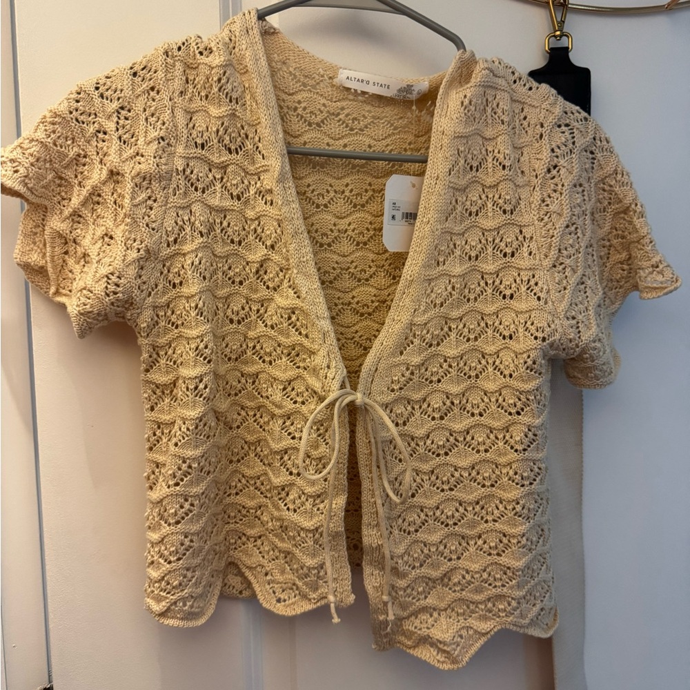 Altar'd State Cream Crochet Tie-Front Short Sleeve Cardigan
